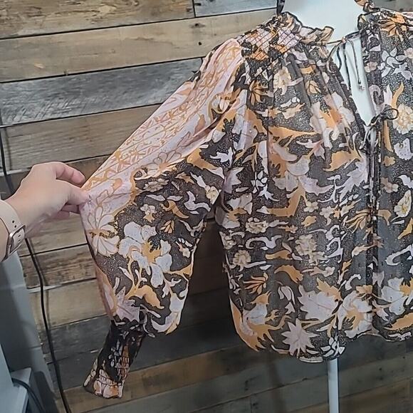 Anthropologie O.P.T. Black Pink Floral Sheer Long Sleeve Smocked top SZ M - Picture 2 of 9